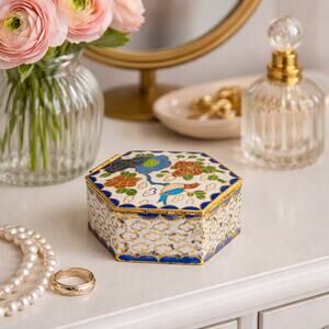 Vintage Cloisonné Hexagonal Pill Box – Floral & Crane Motif Blue Enamel Interior